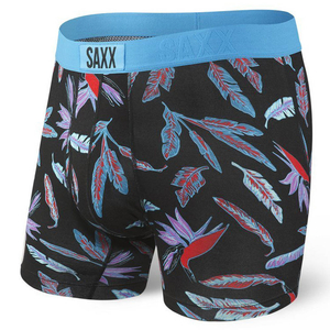 Men's comfortable SAXX ULTRA Boxer Brief Fly with tropical bird leaf print - black.