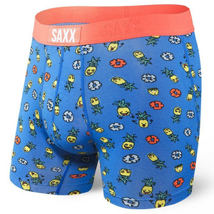Men's quick-drying SAXX VIBE Boxer Briefs - blue with pineapples.
