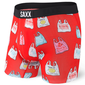 Men's quick-drying SAXX VIBE Boxer Briefs - red, in foil packaging.