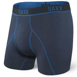 Men's sports running boxer briefs SAXX KINETIC HD Boxer Brief - navy blue with blue seams.